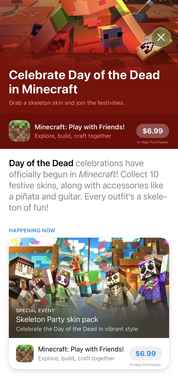 Official App Store editorial celebrating Day of the Dead in Minecraft and featuring Skeleton Party.