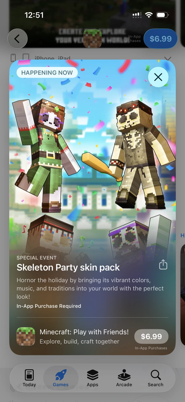 Official App Store Special Event screen showing the Skeleton Party skin pack.