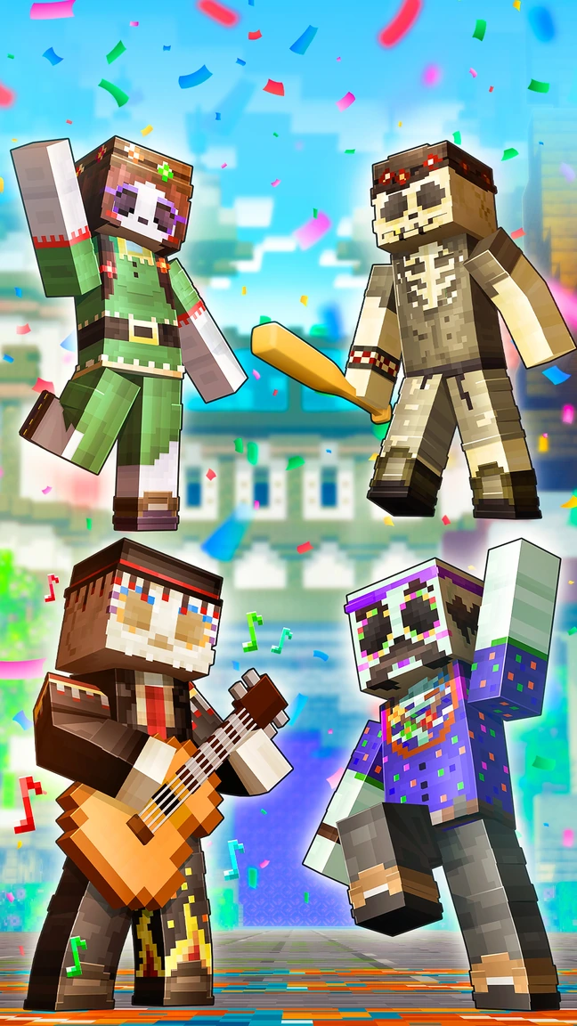 The vertical Skeleton Party artwork, with four festive skeleton characters and colorful confetti.