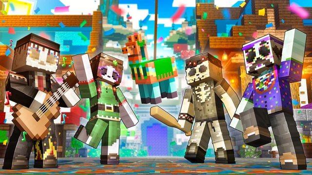 Festive skeleton characters celebrating with a guitar and piñata in a colorful Minecraft village.
